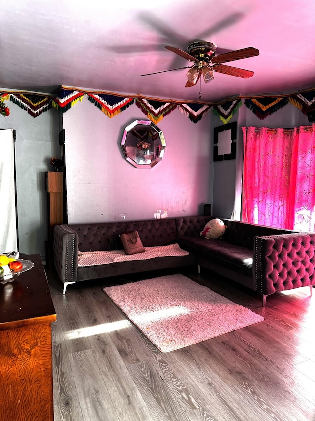 living room with hardwood / wood-style flooring and ceiling fan