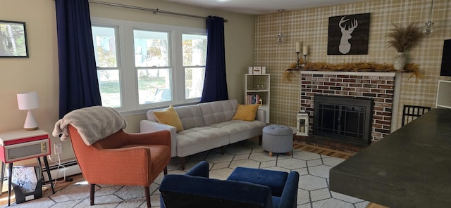 living room with a fireplace