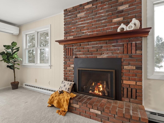 details featuring a brick fireplace, a wall unit AC, baseboard heating, and carpet flooring