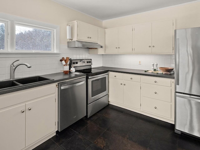 kitchen with white cabinetry, stainless steel appliances, sink, and tasteful backsplash