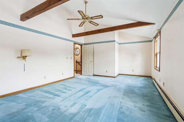 interior space with ceiling fan, carpet, vaulted ceiling with beams, and baseboard heating