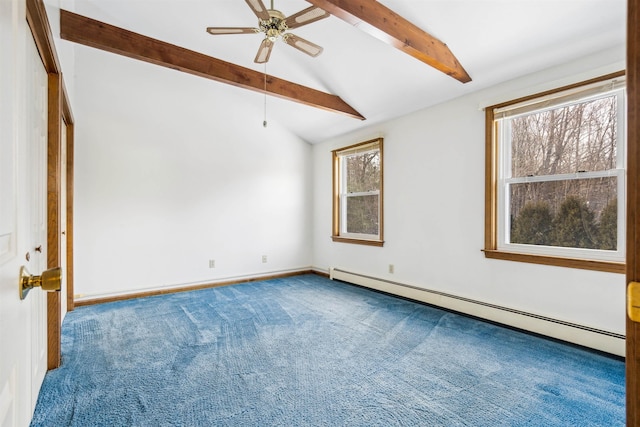 carpeted empty room with ceiling fan, vaulted ceiling with beams, and baseboard heating