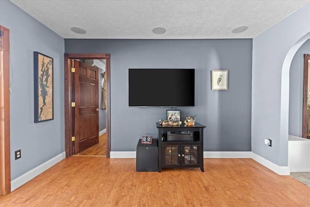 living room featuring wood-type flooring and a textured ceiling