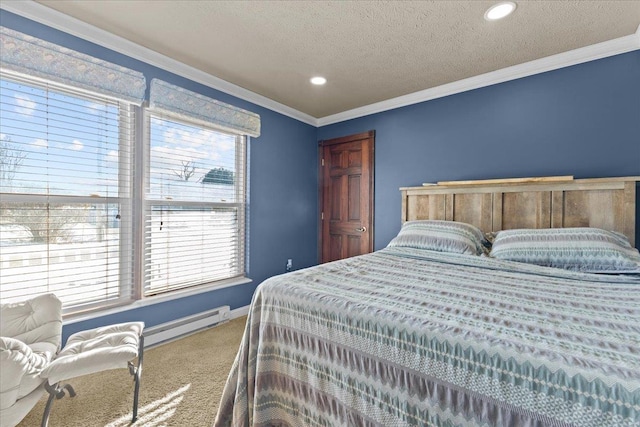 bedroom with ornamental molding, a baseboard radiator, carpet floors, and a textured ceiling