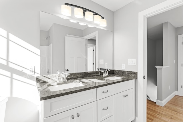 bathroom with vanity and hardwood / wood-style floors