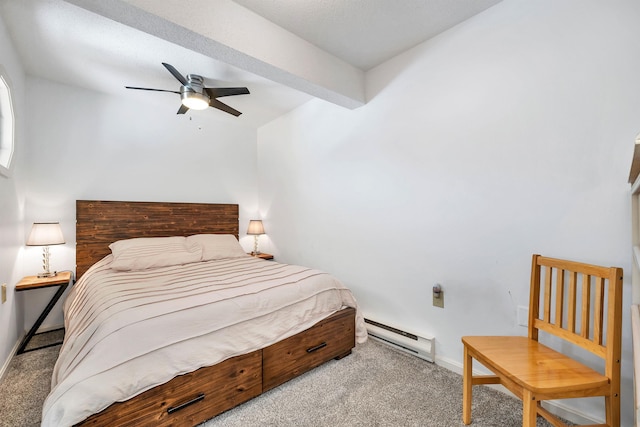 carpeted bedroom with ceiling fan, a baseboard radiator, and beamed ceiling