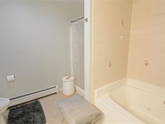 bathroom with baseboard heating, toilet, shower / tub combo with curtain, and tile patterned flooring