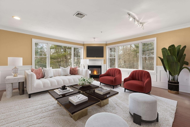 living room with crown molding, hardwood / wood-style floors, and track lighting