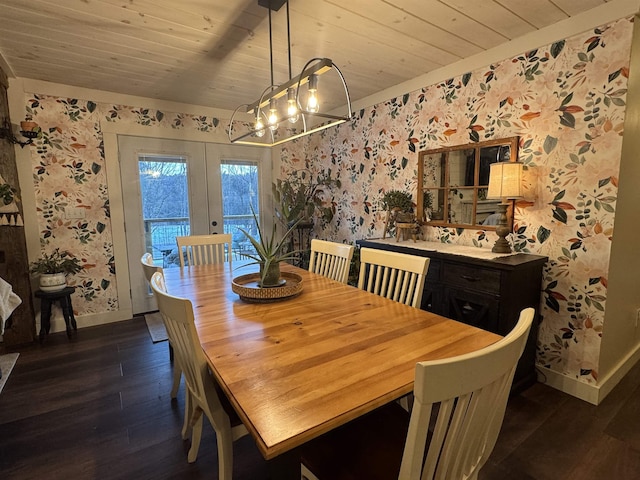 dining room featuring a chandelier, french doors, wood ceiling, and dark hardwood / wood-style flooring