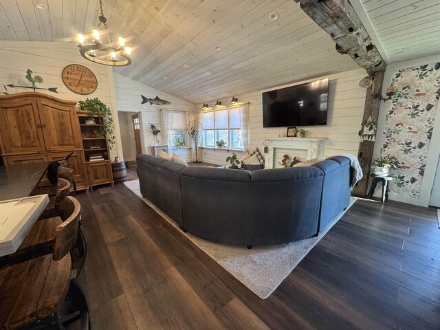 living room featuring vaulted ceiling, wooden ceiling, dark hardwood / wood-style floors, and wooden walls