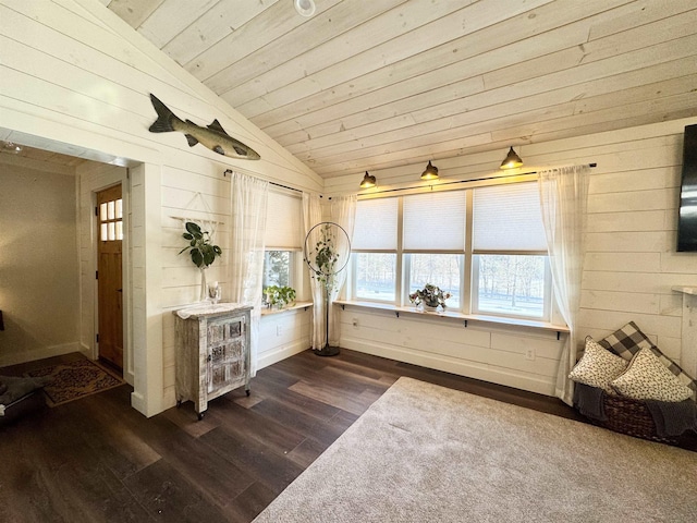 mudroom with vaulted ceiling, wood walls, dark hardwood / wood-style floors, and wooden ceiling