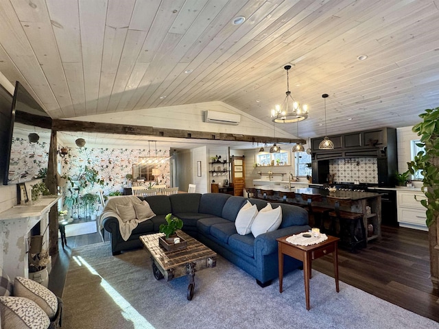 living room with dark hardwood / wood-style floors, vaulted ceiling, a notable chandelier, and wood ceiling