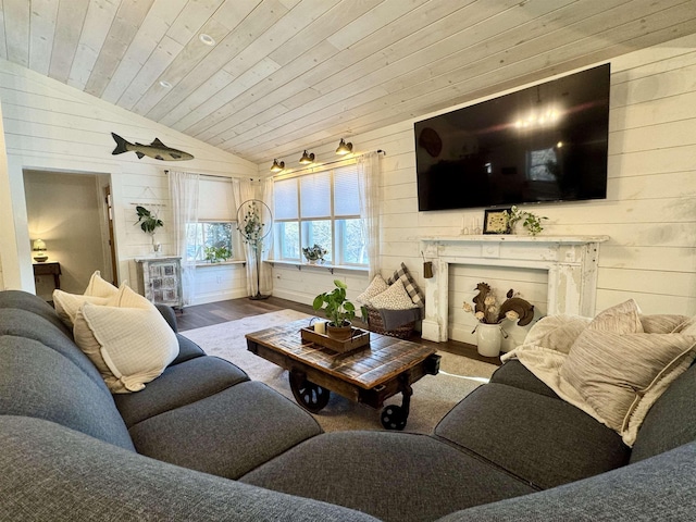 living room with wood ceiling, vaulted ceiling, wood walls, and wood-type flooring