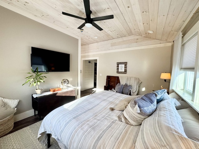 bedroom with wood-type flooring, lofted ceiling, ceiling fan, and wood ceiling