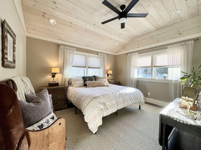 bedroom featuring wood ceiling, ceiling fan, and lofted ceiling