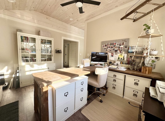 office space with dark hardwood / wood-style flooring, vaulted ceiling, ceiling fan, and wood ceiling