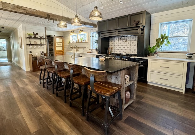 kitchen with decorative light fixtures, wooden ceiling, dark hardwood / wood-style floors, and a wealth of natural light