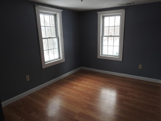 spare room with a textured ceiling, plenty of natural light, and wood-type flooring