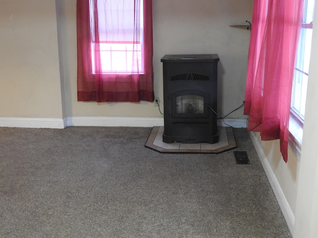 interior details featuring a wood stove and carpet