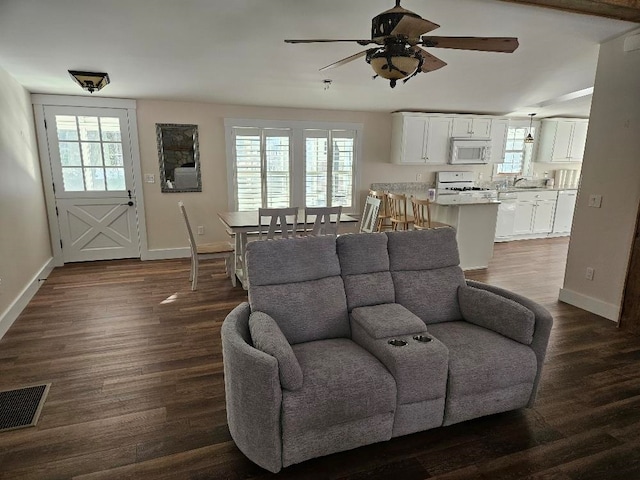 living room with dark hardwood / wood-style floors and a healthy amount of sunlight