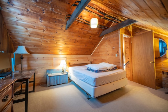 carpeted bedroom with wood walls, lofted ceiling, and wood ceiling