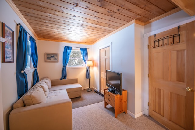 carpeted living room with crown molding and wooden ceiling