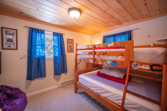 carpeted bedroom with crown molding, a baseboard radiator, and wood ceiling