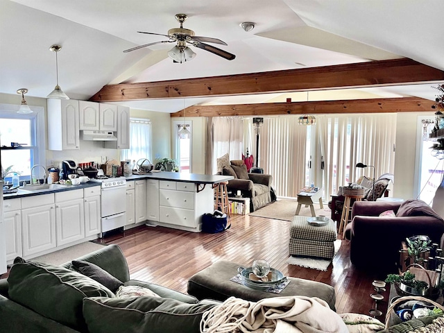 living room with lofted ceiling with beams, ceiling fan, dark wood-type flooring, and sink