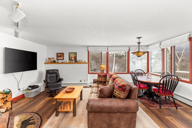 living room with hardwood / wood-style floors, a textured ceiling, and a healthy amount of sunlight