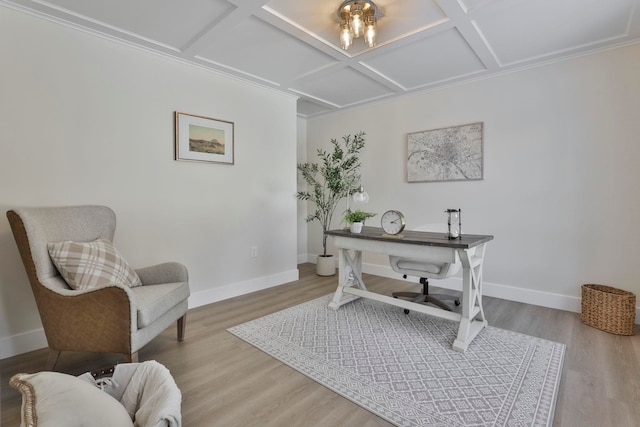 home office with coffered ceiling and hardwood / wood-style flooring