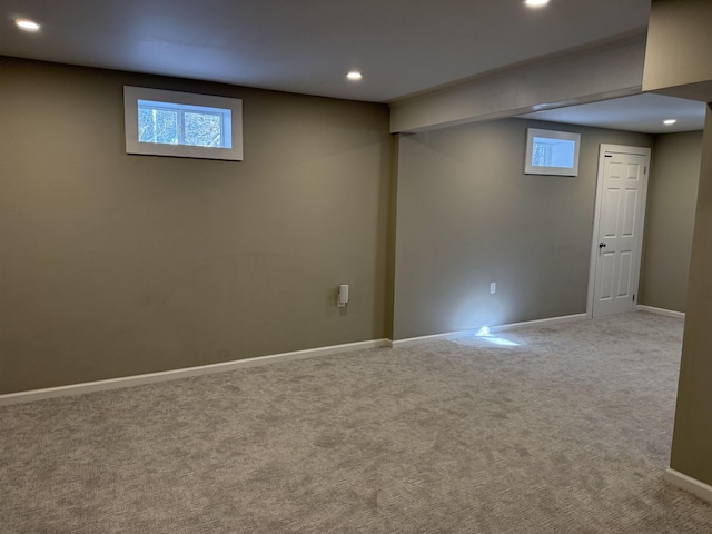 basement with recessed lighting, baseboards, and carpet floors