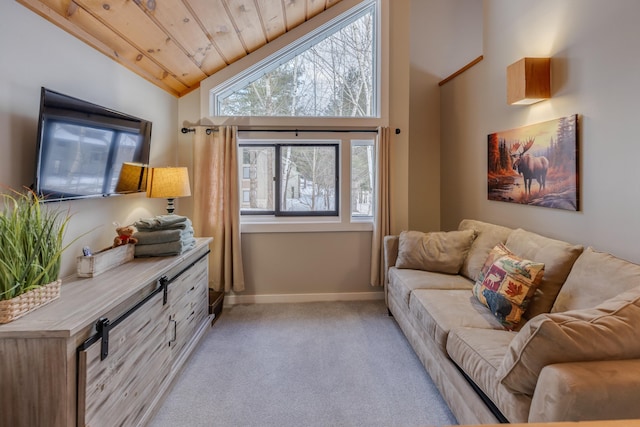 sitting room featuring high vaulted ceiling, wooden ceiling, and light colored carpet