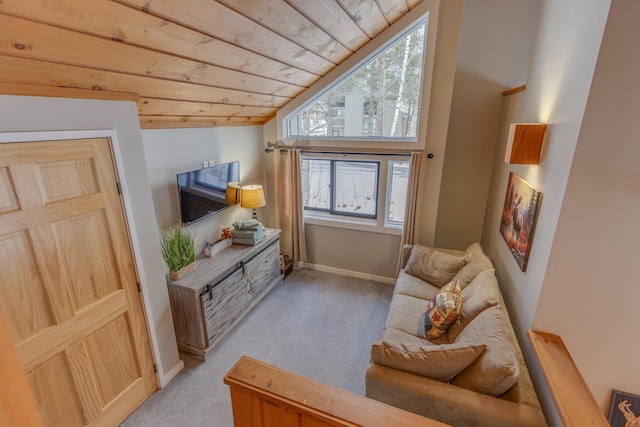 living room with light carpet, lofted ceiling, and wood ceiling