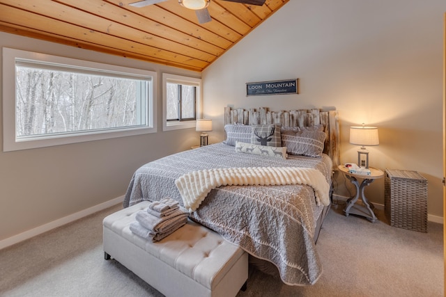 carpeted bedroom featuring lofted ceiling, ceiling fan, and wood ceiling