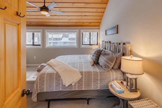 bedroom featuring carpet floors, vaulted ceiling, and wood ceiling