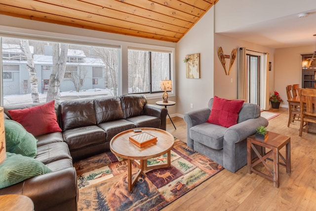 living room with light hardwood / wood-style flooring, wooden ceiling, and lofted ceiling