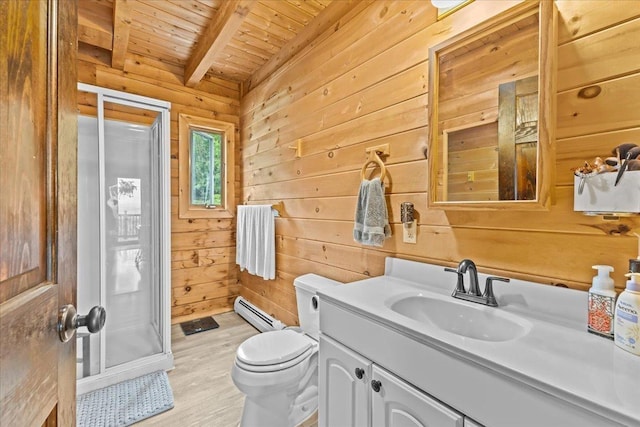 bathroom featuring wood ceiling, beam ceiling, vanity, toilet, and wood walls