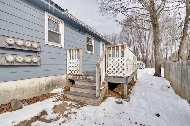 view of snow covered deck