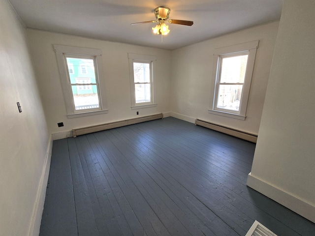 spare room with dark wood-type flooring, a baseboard radiator, and ceiling fan