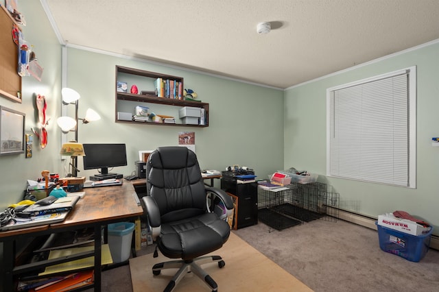 carpeted home office with ornamental molding, a textured ceiling, and a baseboard radiator