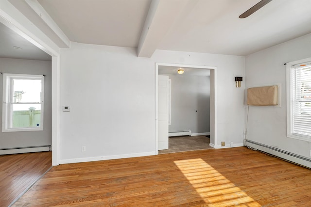 spare room featuring baseboard heating, ceiling fan, beam ceiling, and light hardwood / wood-style flooring