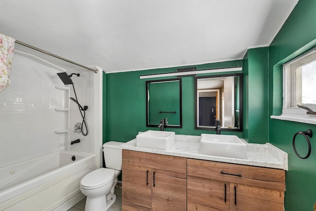 full bathroom with vanity, tub / shower combination, and toilet