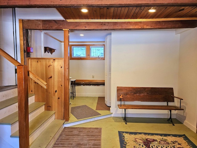 basement with wooden ceiling