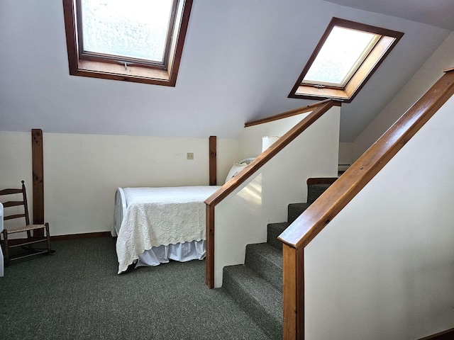 stairway featuring lofted ceiling with skylight and carpet