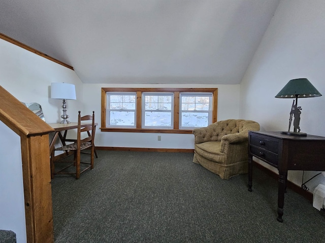 office with dark colored carpet and lofted ceiling