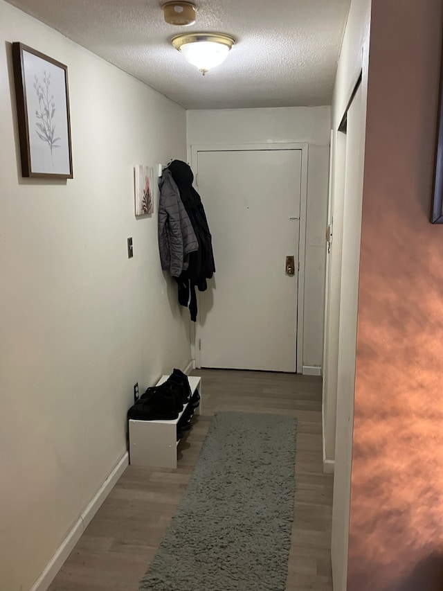 entryway with a textured ceiling and light wood-type flooring