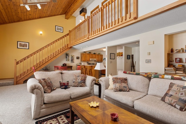 living room with high vaulted ceiling, wooden ceiling, beamed ceiling, and carpet flooring