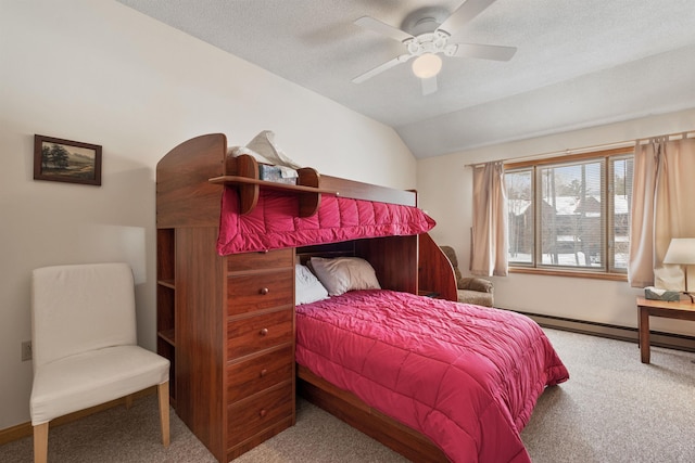 bedroom with a baseboard radiator, lofted ceiling, ceiling fan, light carpet, and a textured ceiling