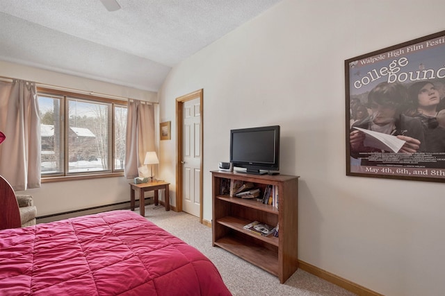 bedroom with vaulted ceiling, light carpet, a textured ceiling, a baseboard radiator, and ceiling fan