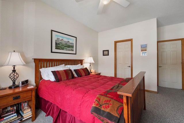 bedroom featuring dark colored carpet and ceiling fan